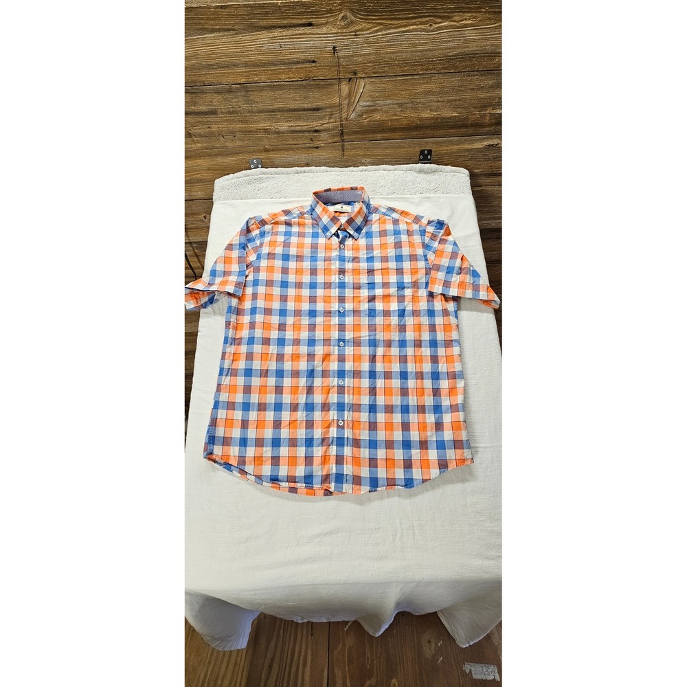 Southern Pines Mens XL Short Sleeve Plaid Button Down Shirt Orange Blue White